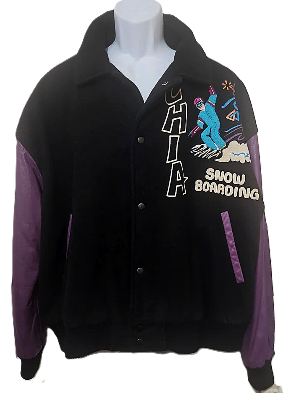 Vintage 90s CHIA Snowboarding Varsity Jacket XL Wool Leather Korea Rare